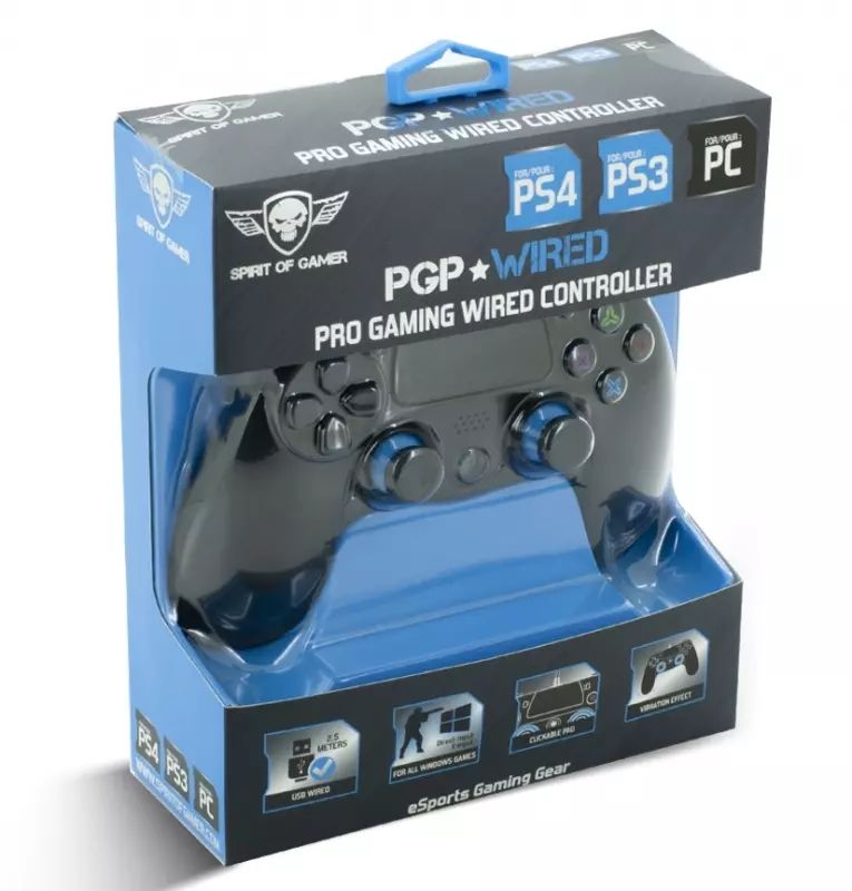 Spirit of Gamer PGP Wired PS4, PS3 és PC USB Vezetékes Kontroller, Gamepad, Vibration, Fekete-Kék, 2m kábel (SOG-WXGP4)
