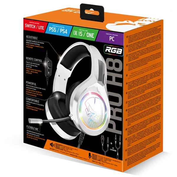 Spirit of Gamer PRO H8 RGB White világítós gamer fejhallgató, headset mikrofonnal (MIC-PH8WT)