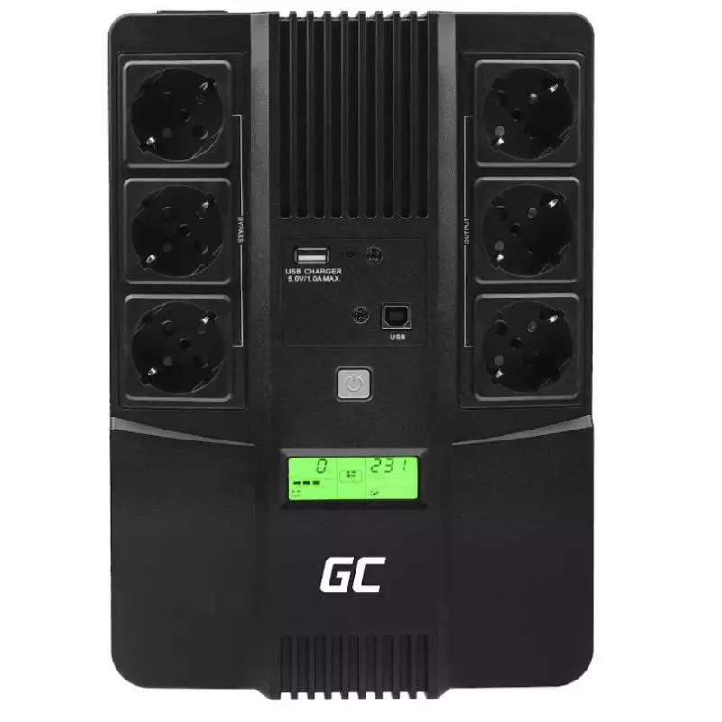 Green Cell AiO Szünetmentes Tápegység Akkumulátorral 600VA, 360W, LCD kijelző (6 Schuko, line-interaktív AVR, USB menedzsment, RJ45 vonalvédelem (UPS06)