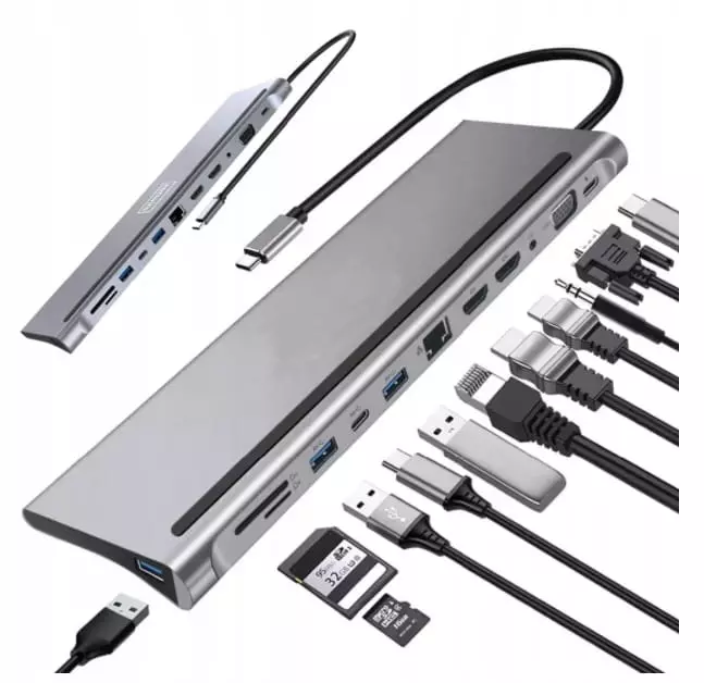 USB-C USB HUB 12 portos USB elosztó, dokkoló 2x USB-C, 2xHDMI, VGA, SD/microSD kártya olvasó, RJ-45 (Internet), 3,5mm audio, 3db USB 3.0 portokkal