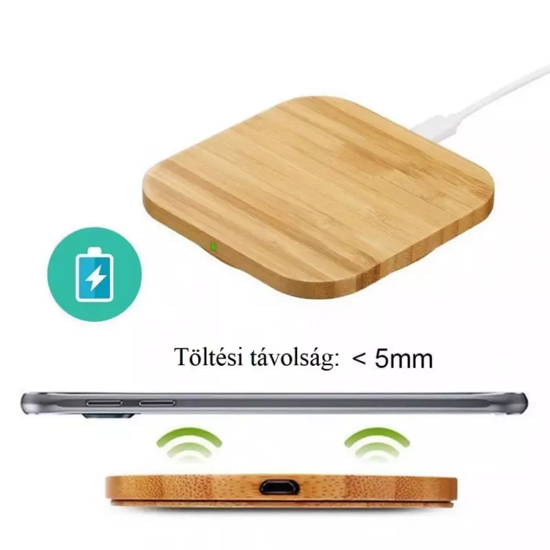 Univerzális vezeték nélküli mágneses indukciós töltő, Qi Wireless, 10W, bambusz fa, szögletes forma