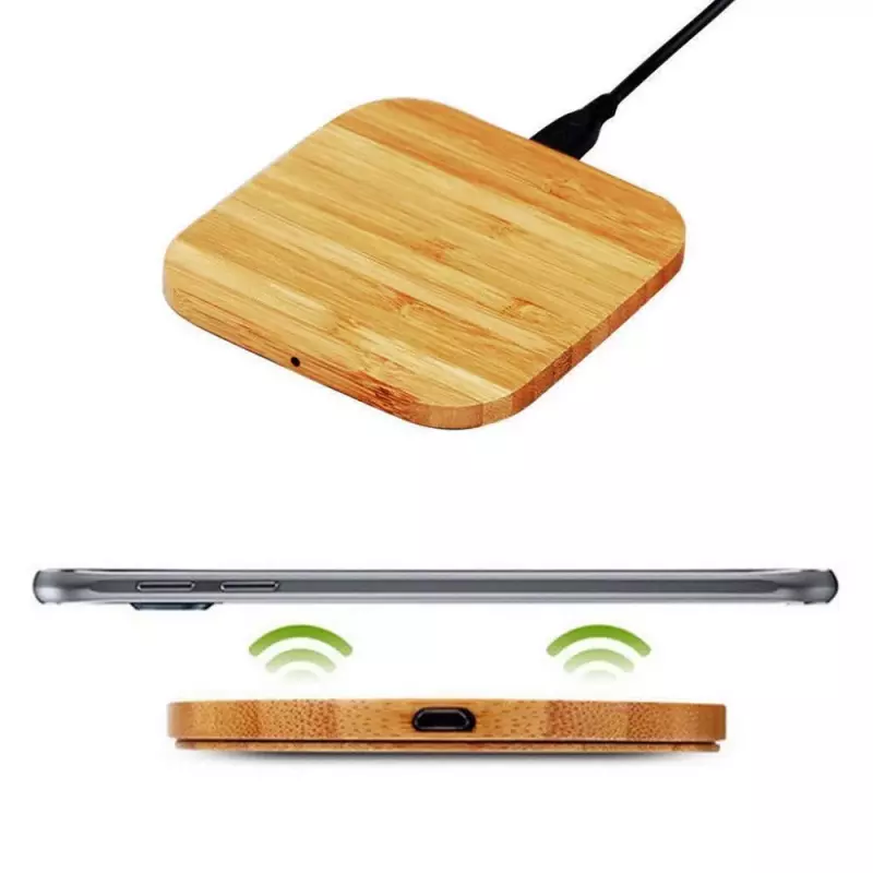 Univerzális vezeték nélküli mágneses indukciós töltő, Qi Wireless, 10W, bambusz fa, szögletes forma