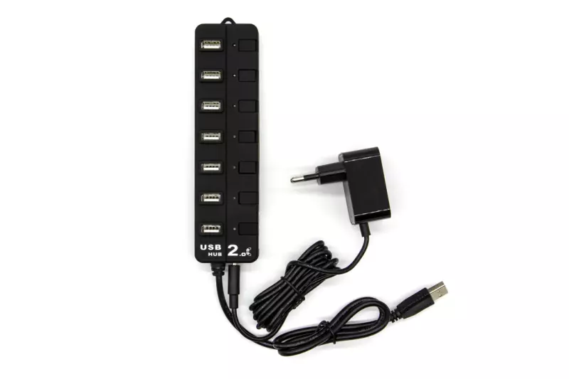 Wiretek USB HUB 7db USB 2.0 porttal, táppal, kapcsolóval (VE593)