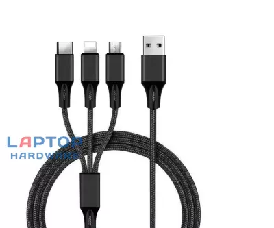 3-in-1 USB töltőkábel 2m fekete, Lightning, microUSB, Type-C