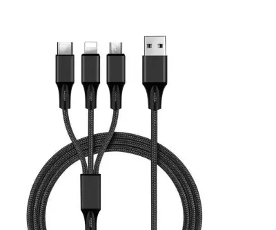 3 in 1 USB töltő és adat kábel 1m fekete, cipőfűző mintás Lightning, micro USB, USB-C