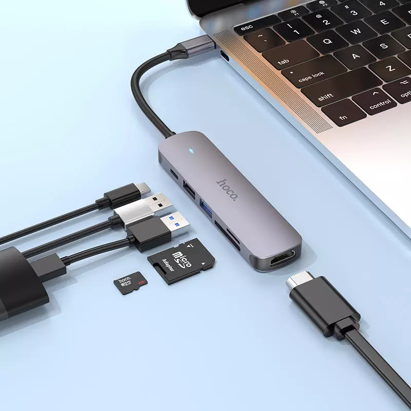 hoco. HB28 Type-C 6 portos USB HUB - HDMI, USB 2.0, USB 3.0, Type-C, SD/microSD kártyaolvasó (HB28)