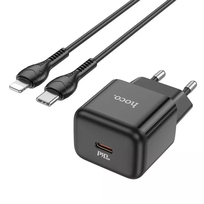 hoco. N32 Glory fali telefon és tablet gyorstöltő 30W USB-C kimenettel, USB-C/Apple Lightning kábellel, fekete (N32)
