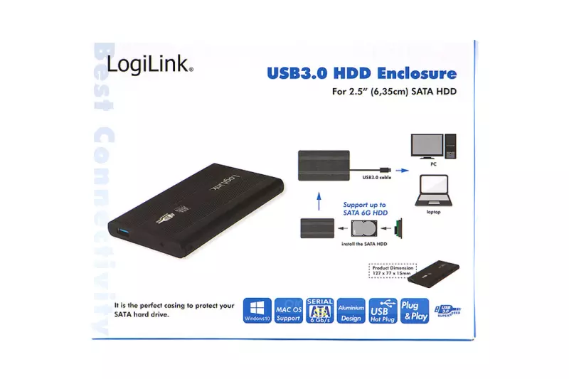 LogiLink Szuper gyors USB 3.0-ás alumínium laptop winchester vagy SSD ház SATA (fekete) (UA0106)