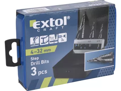 EXTOL® Craft lépcsős fémfúró készlet, 3db, (4-12mm/1mm lépcsőfok, 4-20mm/2mm, 4-32mm/2mm), 10mm befogás, max 4mm vastag anyagokhoz, spirállal (20092)