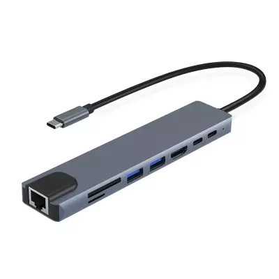 USB-C HUB átalakító a következőkre: HDMI, 2db USB-C, SD/microSD kártya olvasó, RJ-45 (Internet), 2db USB 3.0