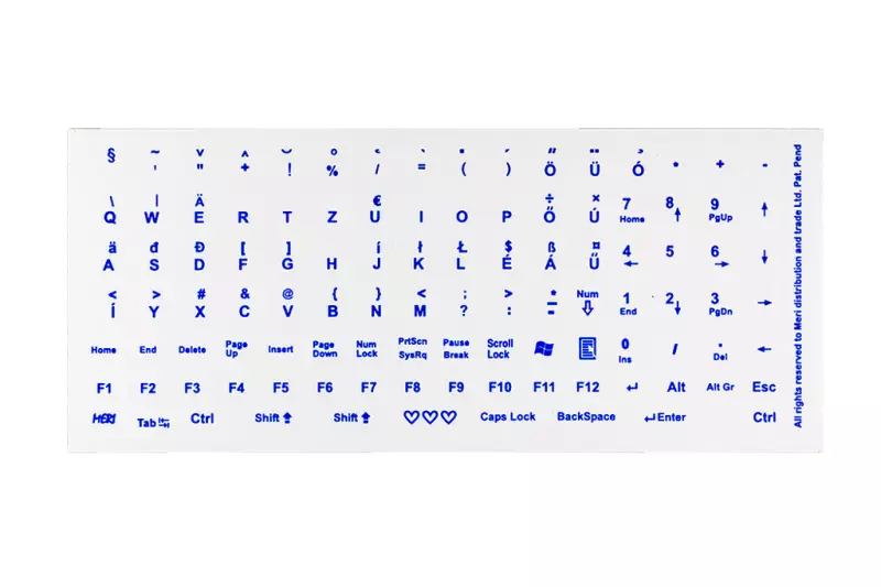 Világító billentyűzet matrica fehér alapon kék betű